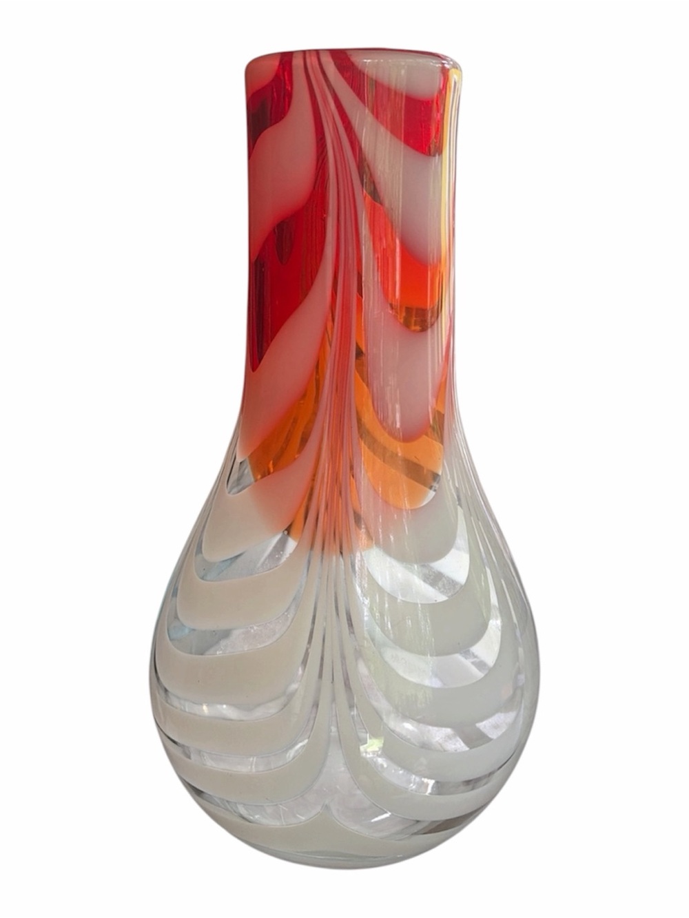 Colorful Art Glass Bud Vase - Red, Orange & White Swirl